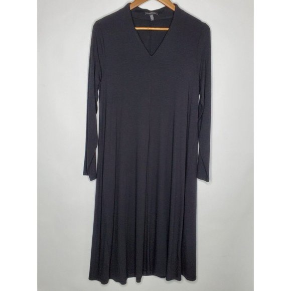 Eileen Fisher Dresses & Skirts - Eileen Fisher Womens Solid Black Midi Dress Size M Long Sleeve V Neck Minimalist